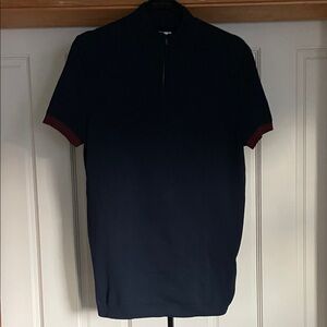Zara Navy Short Sleeve Polo with Red Cuff Detail